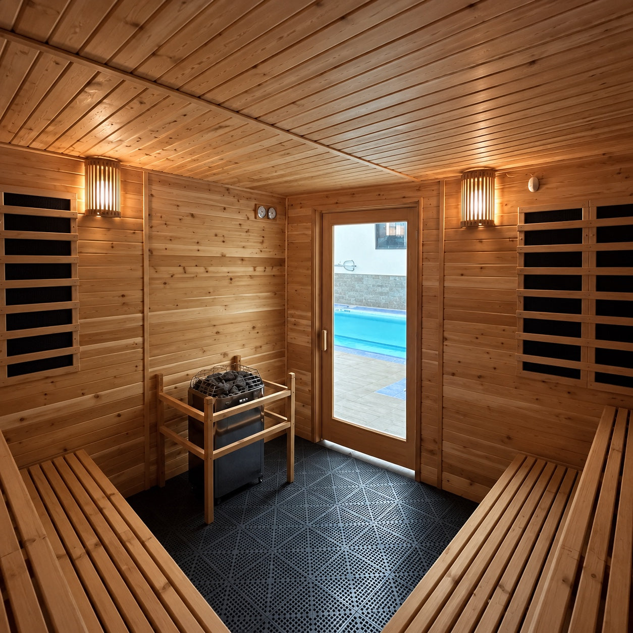 Indianapolis Colts sauna interior with wood benches, heater and a glass door overlooking the pool