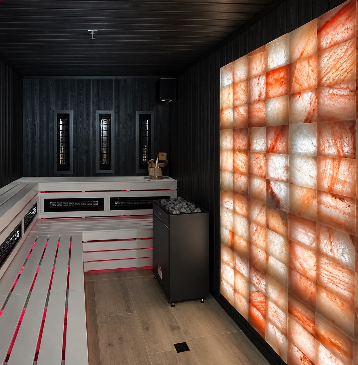 Miami Heat sauna interior with light benches and illuminated salt wall