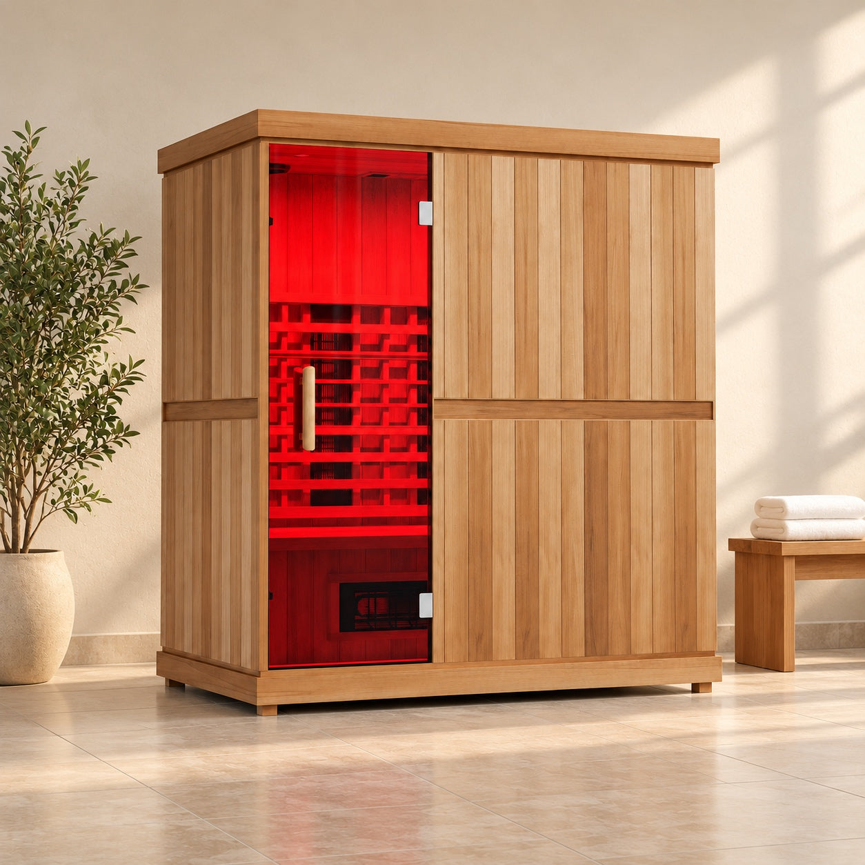 Wood infrared sauna with red interior lighting beside a plant and towel bench